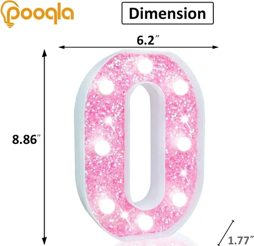 Vista 4 de Pooqla Luces de números de marquesina, números de luz rosa para niñas de 10.º cumpleaños, funciona con pilas, luz nocturna de número con purpurina