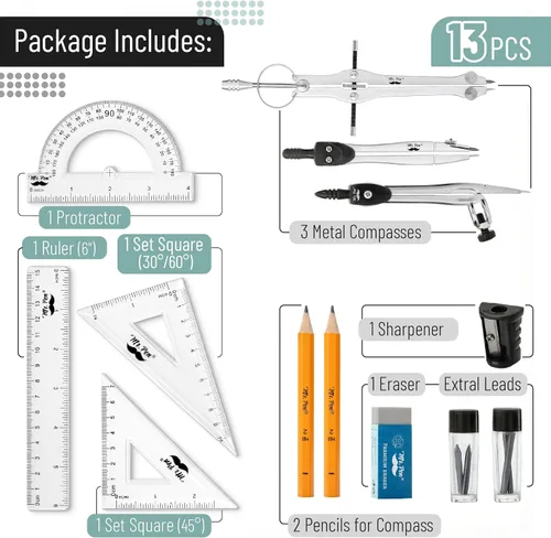 Vista 2 de Mr. Pen- Geometry Set, 13 pcs, 3 Metal Compasses, Protractor, 6" Ruler 45° & 30°/60° Set Squares, Pencils, Lead Refills, Sharpener & Eraser for