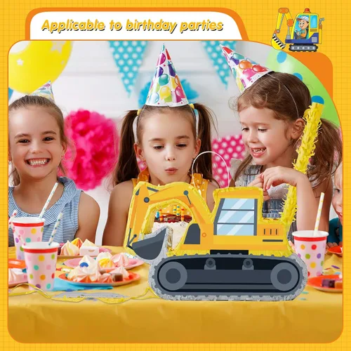 Vista 6 de Lewtemi Piñatas de excavadora para fiesta de cumpleaños con palo, venda para los ojos y confeti, suministros para fiesta de cumpleaños para adultos