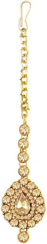 Vista 7 de Aheli Indian Wedding Wear Faux Stone Necklace with Maang Tikka Set Elegant Ethnic Fashion Jewelry For Women (Gold)