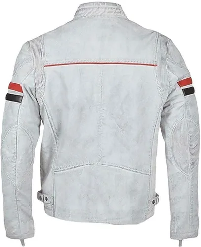 Vista 3 de Chaqueta de piel auténtica para hombre, color blanco, estilo Cafe Racer