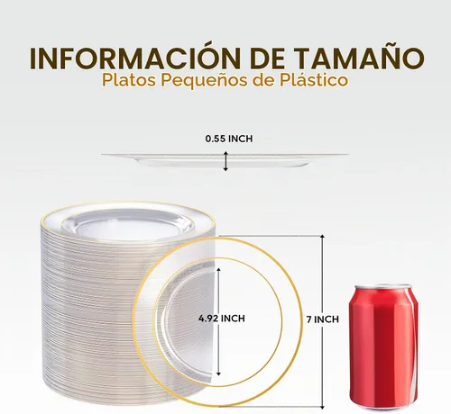 Vista 3 de FOCUSLINE Platos pequeños de plástico transparente dorado de 7 pulgadas, 100 unidades, platos transparentes desechables resistentes con borde
