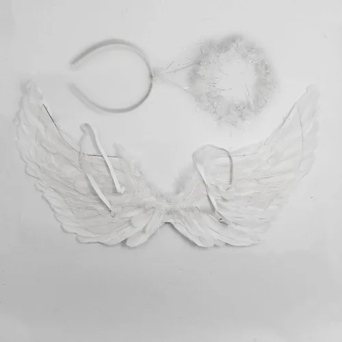 Vista 3 de Alas de ángel y halo para niños, disfraz de ángel para adultos, alas de plumas utilizadas para Halloween, disfraz de Nochebuena
