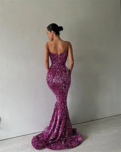 Vista 2 de Vestidos de fiesta de lentejuelas brillantes, vestidos largos de fiesta con tirantes delgados, vestidos formales de sirena para mujer 2024