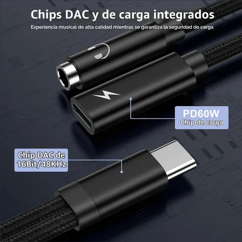 Vista 4 de Adaptador para auriculares Samsung Galaxy S26, cable de audio auxiliar 2 en 1 USB C a 0.1 in Negro