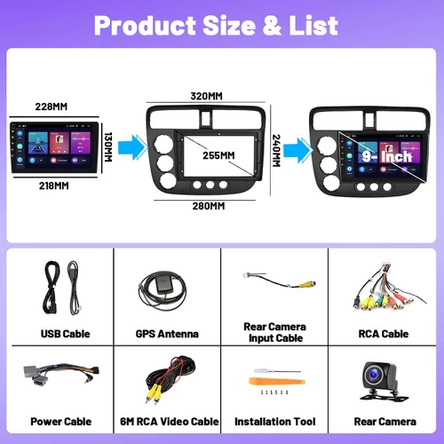 Vista 6 de 2+64G para Honda Civic 2001-2005 Android 15 Estéreo de coche inalámbrico Apple CarPlay Android Auto, 9 pulgadas pantalla táctil Radio WiFi Bluetooth