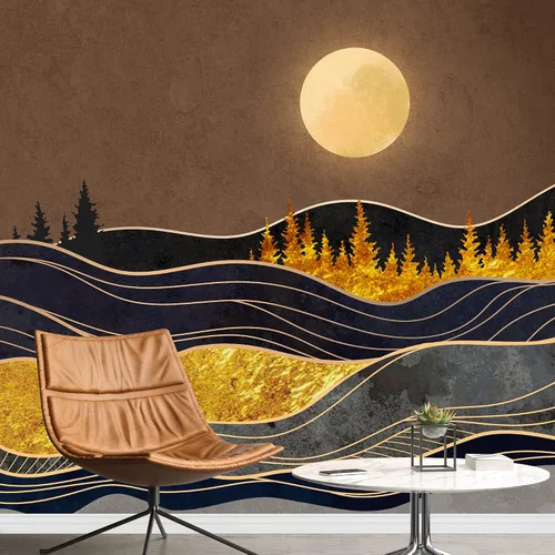 Vista 31 de SIGNFORD Adhesivo mural removible para pared, mármol de granito, ondas doradas, cordillera, sol, naturaleza, desierto, ilustraciones, arte rústico