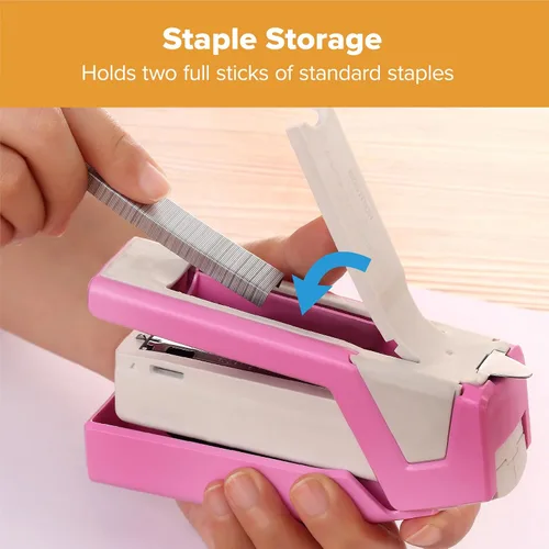 Vista 4 de Bostitch Office InCourage - Engrapadora compacta con resorte, 3 en 1, plástico, media tira, capacidad para 20 hojas, BCA rosa (1588)