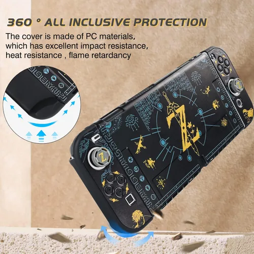 Vista 5 de DLseego Zelda Switch - Funda protectora OLED acoplable, carcasa rígida negra, a prueba de golpes, con 4 tapas de agarre para el pulgar, compatible