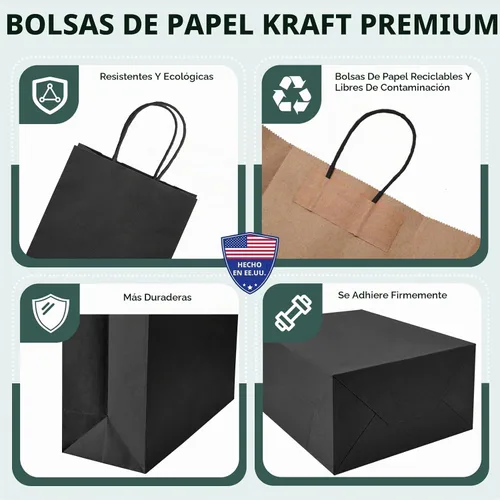 Vista 3 de METRONIC Bolsas de regalo de papel negro de 8 x 4.25 x 10.5 pulgadas, paquete de 100 bolsas de compras medianas de papel kraft con asas
