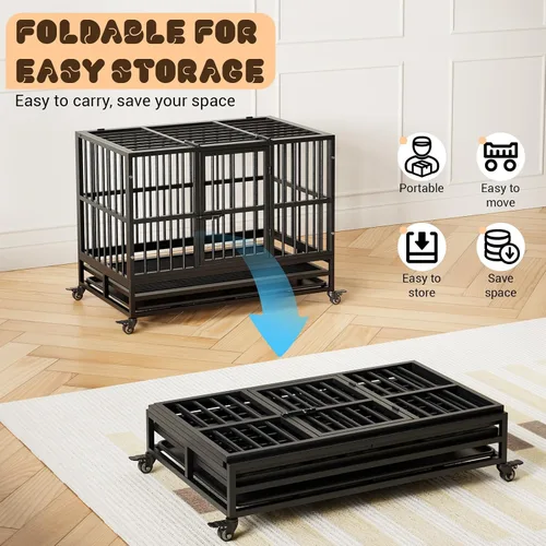 Vista 4 de Jaula para perros resistente de 37 pulgadas con ruedas, jaula indestructible de acero a prueba de escape, ruedas con bloqueo de 360° y bandeja