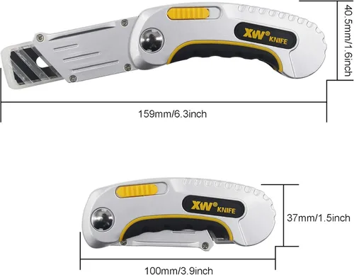 Vista 4 de XW Cuchillo plegable para alfombra, navaja resistente con tapa protectora, 5 cuchillas adicionales incluidas