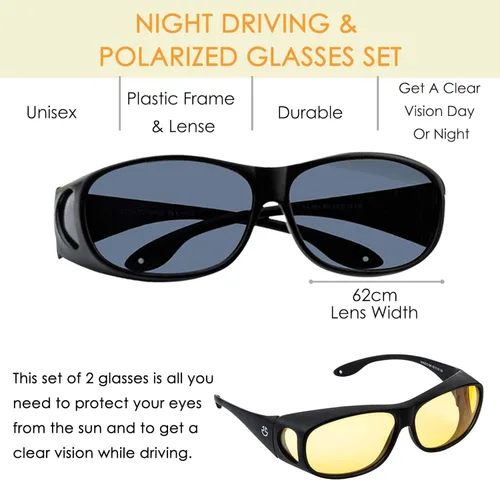 Vista 4 de Optix 55 Fit Over HD Day Night Driving Glasses Wraparound Sunglasses for Men Women - Anti Glare Polarized Wraparounds