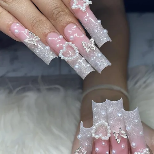 Vista 9 de Uñas postizas a presión de ballet negras, uñas postizas largas cuadradas con punta francesa, uñas postizas con lazo rosa con diseños de perlas