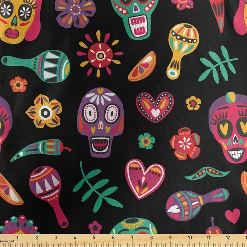 Vista 143 de Ambesonne The Yard, tela de calavera colorida con temática de Halloween, diseño de calavera y huesos cruzados, divertido estampado de dibujos