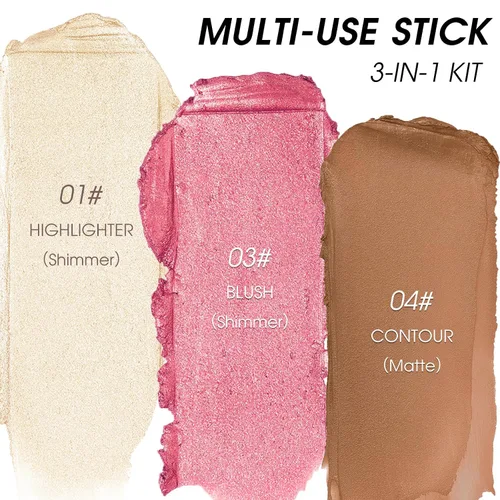 Vista 6 de Kit de contorno en crema de 3 piezas, rubor crema, iluminador, bronceador de contorno para mejillas, impermeable, de larga duración, mezclable, trío