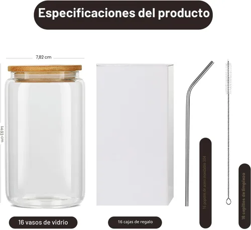 Vista 4 de ASKIZ 16 Vasos de Vidrio con Tapas de Bambú y Pajitas, Taza de Café Helado de 16 Oz, Juego de Vasos para Beber, Botellas de Agua de Vidrio