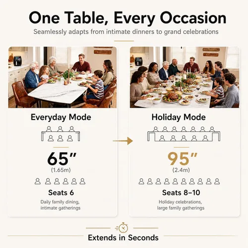 Vista 6 de Honyee Mesa de comedor extensible con hojas, piedra sinterizada rectangular de 65 a 95 pulgadas, mesa de comedor grande moderna con asientos de 6