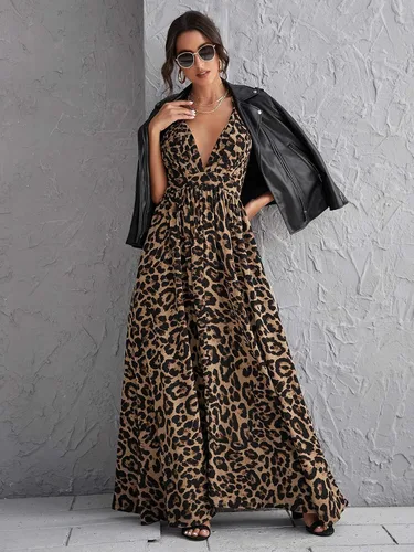 Vista 5 de Floerns Vestido largo de playa con cuello en V profundo y espalda cruzada de leopardo para mujer
