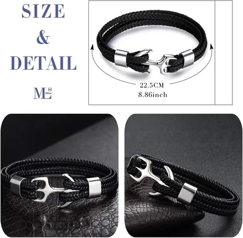 Vista 3 de MicLee Pulsera de cuero de anclaje vintage para hombre, pulsera multicapa, pulsera de cuerda con caja de regalo