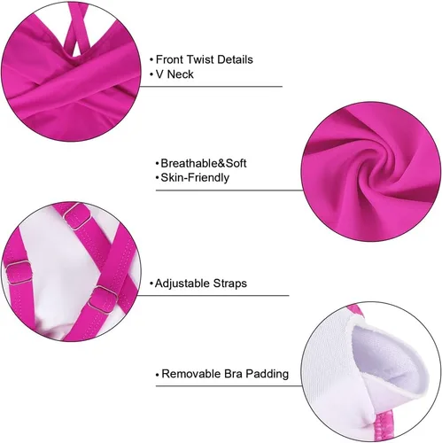 Vista 6 de Hilor Tankini para mujer, con cuello en V torcido, traje de baño con control de abdomen y vuelo