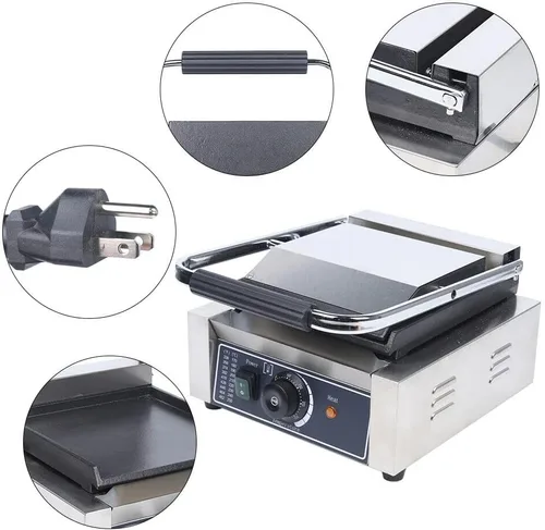 Vista 3 de Parrilla antiadherente comercial Panini Press, tostadora eléctrica comercial de sándwich a la parrilla, sartén para asar interiores, control