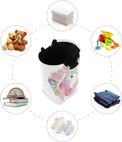 Vista 4 de senya Cesta grande de almacenamiento plegable, organizador para ropa sucia para guardería, juguetes, cabeza de unicornio en flores