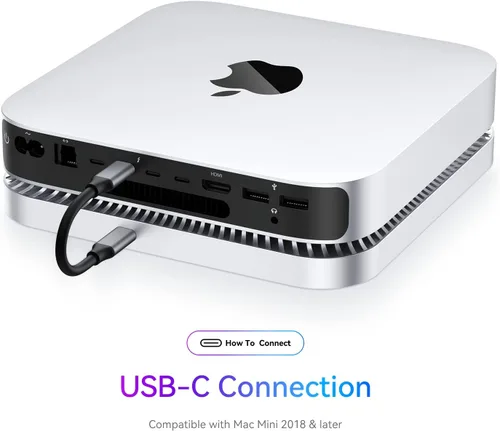 Vista 4 de RayCue Mac mini Hub y soporte tipo C con carcasa SSD, soporte para Mac mini, compatible con SSD SATA de 2.5 pulgadas, puerto de datos USB-C, puerto