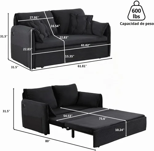 Vista 2 de Sofá cama Queen de 63.8 pulgadas, sofá cama convertible 3 en 1 con soporte para teléfono, puerto USB, cama extraíble de terciopelo