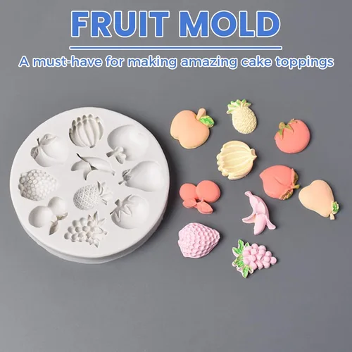 Vista 2 de Moldes de silicona para frutas de 10 formas para decoración de pasteles de fondant, tomate, cereza, fresa, melocotón, plátano, uvas, piña, pera