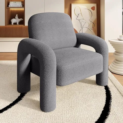 Vista 17 de Dewhut Silla moderna con acento Sherpa, sofá individual tapizado de estilo teddy, silla de lectura acogedora y esponjosa para sala de estar Negro
