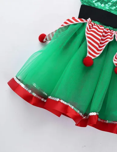 Vista 6 de QinCiao Disfraz verde de elfo de Navidad para niños, vestido de Papá Noel con sombrero, disfraz de Navidad, cosplay, fiesta, festival