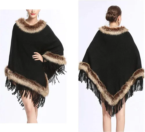 Vista 6 de PUWEI - Poncho de piel de zorro sintético con borla para mujer