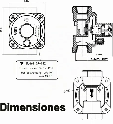 Vista 5 de Regulador de presión de gas natural de 1/2 pulgada con 2 accesorios