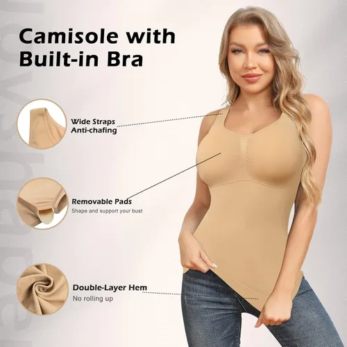 Vista 2 de Camisolas moldeadoras con brasier integrado, control de abdomen, camisetas sin mangas de compresión para mujer, moldeadoras de cuerpo