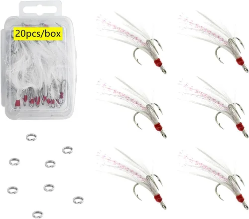 Vista 4 de Fishing Treble Hooks Feather Dressed: 20pcs/Box Feathered Treble Hook Size 2 4 6 8 with Split Rings Replacement for Fishing Lure Spinner Spoon