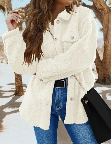 Vista 2 de TECREW Chaqueta de forro polar Sherpa de invierno para mujer, con botones y bolsillos