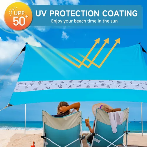 Vista 3 de Villey Tienda de campaña de playa con protección UPF50+, parasol portátil de 8 x 7 pies con 2 postes de estabilidad, 8 clavijas de tierra, 4 sacos
