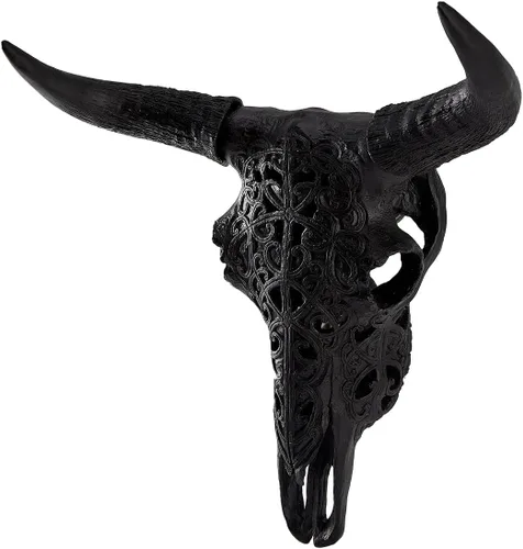 Vista 2 de OTARTU Escultura para colgar en la pared, diseño tribal negro, diseño tallado con calavera de buey de 19 pulgadas, arte de decoración de pared
