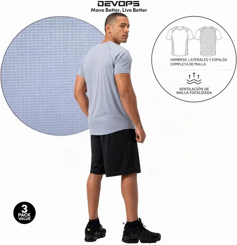 Vista 3 de DEVOPS Paquete de 3 camisetas atléticas de manga corta para hombre que Carbón / azul marino / acero