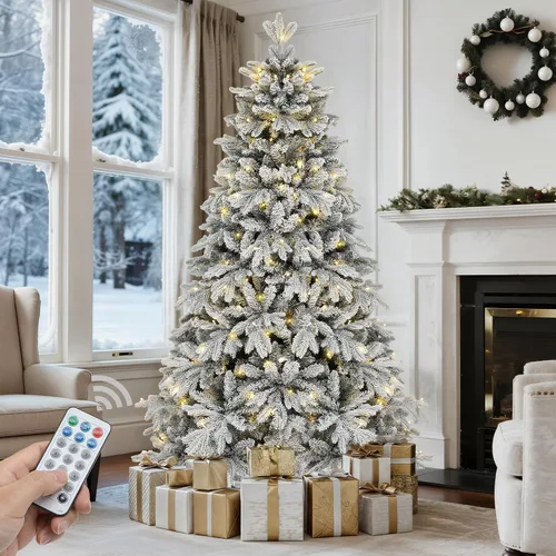 Vista 16 de GOOBED 6.5 ft Prelit Snow Flocked Christmas Tree, Layered Spruce w/Remote Christmas Tree w/ 760 Thickened Branch Tips, 350 Lights for Home, Office