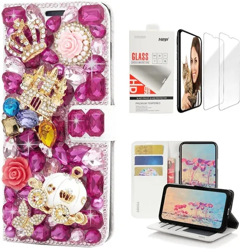 Vista 4 de Bling Wallet - Funda para teléfono compatible con iPhone 15, elegante, hecha a mano en 3D, con cristal de pavo real, magnética, de cuero, para niñas