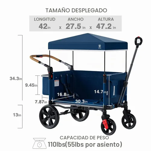 Vista 9 de EVER ADVANCED - Cochecito con apertura lateral para 2 niños, cochecito de empuje y tracción con mango ajustable, puerta con cremallera de fácil