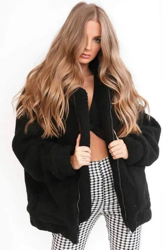 Vista 4 de PRETTYGARDEN - Chaqueta de forro polar Sherpa de gran tamaño para mujer Negro