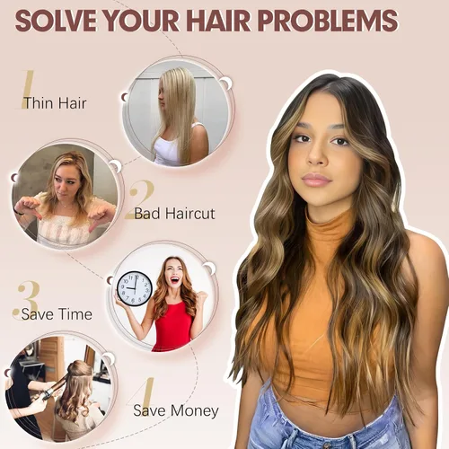 Vista 5 de FESHFEN Extensiones de cabello con clip - 4 piezas Extensiones de cabello sintético ondulado largo y grueso con clip para cabeza completa