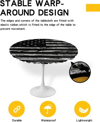 Vista 2 de Mantel redondo ajustable con bandera de camuflaje estadounidense para mesas de comedor, diseño de estrellas y rayas de camuflaje con borde elástico