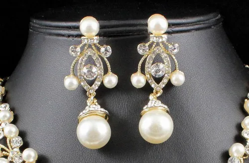 Vista 5 de Conjunto de collar de perlas de imitación de marfil blanco con diamantes de imitación transparente austriaco, conjunto de joyas de plata u oro
