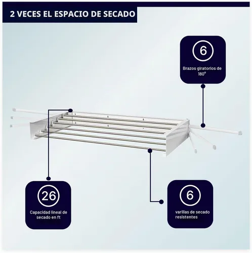 Vista 2 de MODERN-X Escurridor de ropa montado en la pared con 6 brazos giratorios, 35 pulgadas de ancho, 26 pies lineales de espacio de secado de lavandería