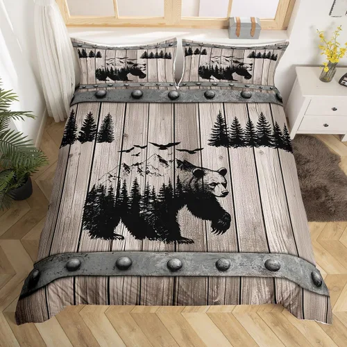 Vista 28 de Funda de edredón de cabaña marrón retro, juego de ropa de cama de retazos con diseño de oso del bosque, ciervos para cabaña rústica, funda de Multi