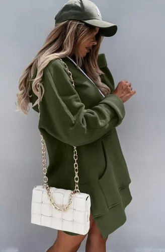 Vista 3 de PRETTYGARDEN Vestido de manga larga con capucha y dobladillo dividido para mujer con bolsillo canguro